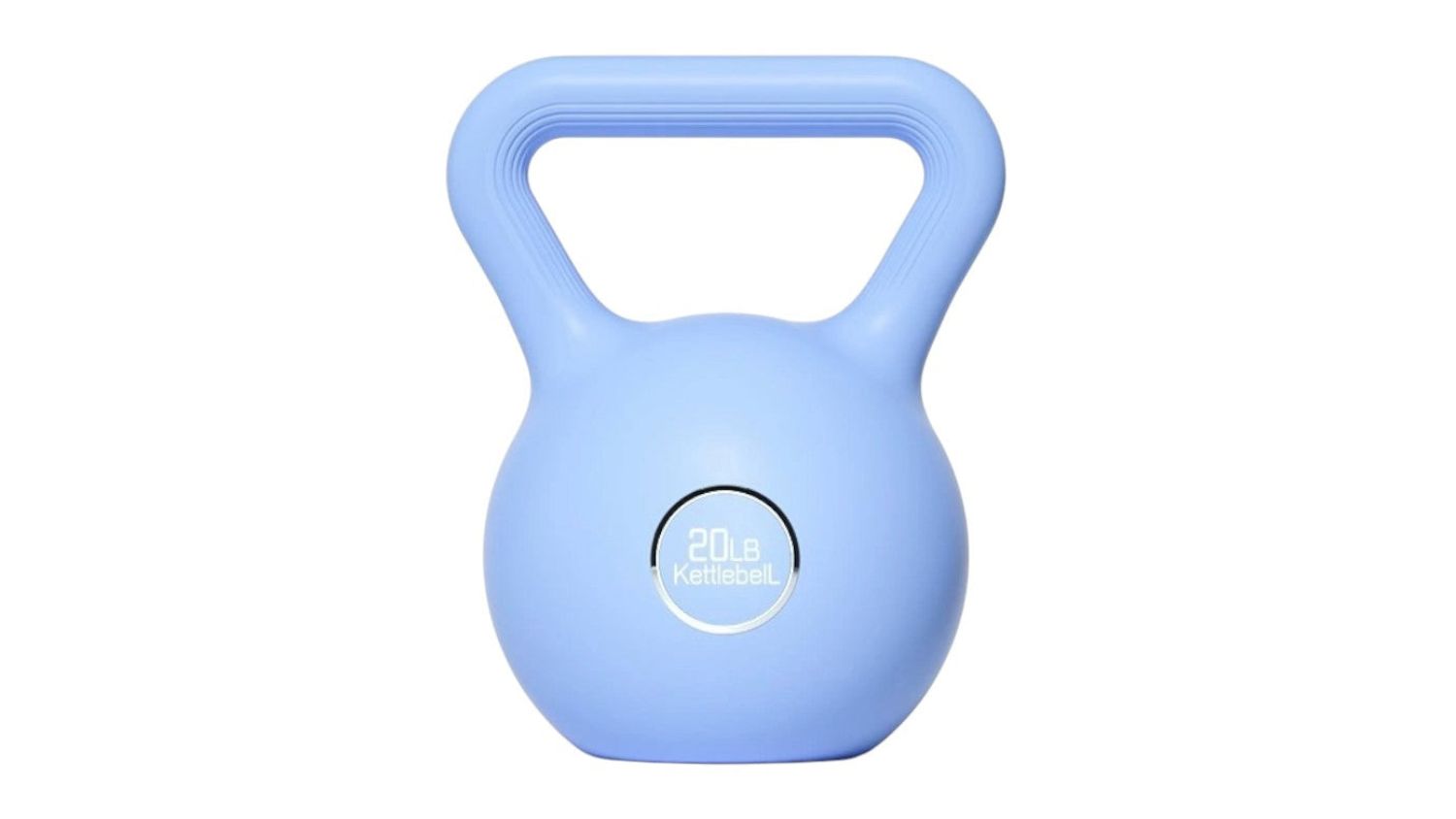 Light blue 20lb plastic kettlebell with ergonomic handle and rounded base