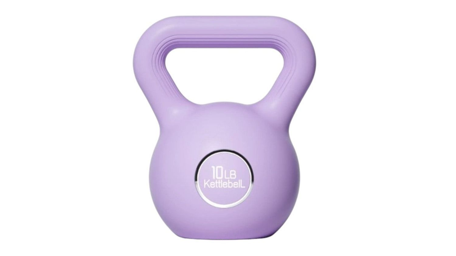 Purple 10lb plastic kettlebell with ergonomic handle and rounded base