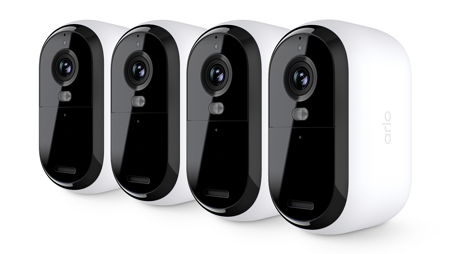 Four Arlo wire-free security cameras with a black front panel and white casing