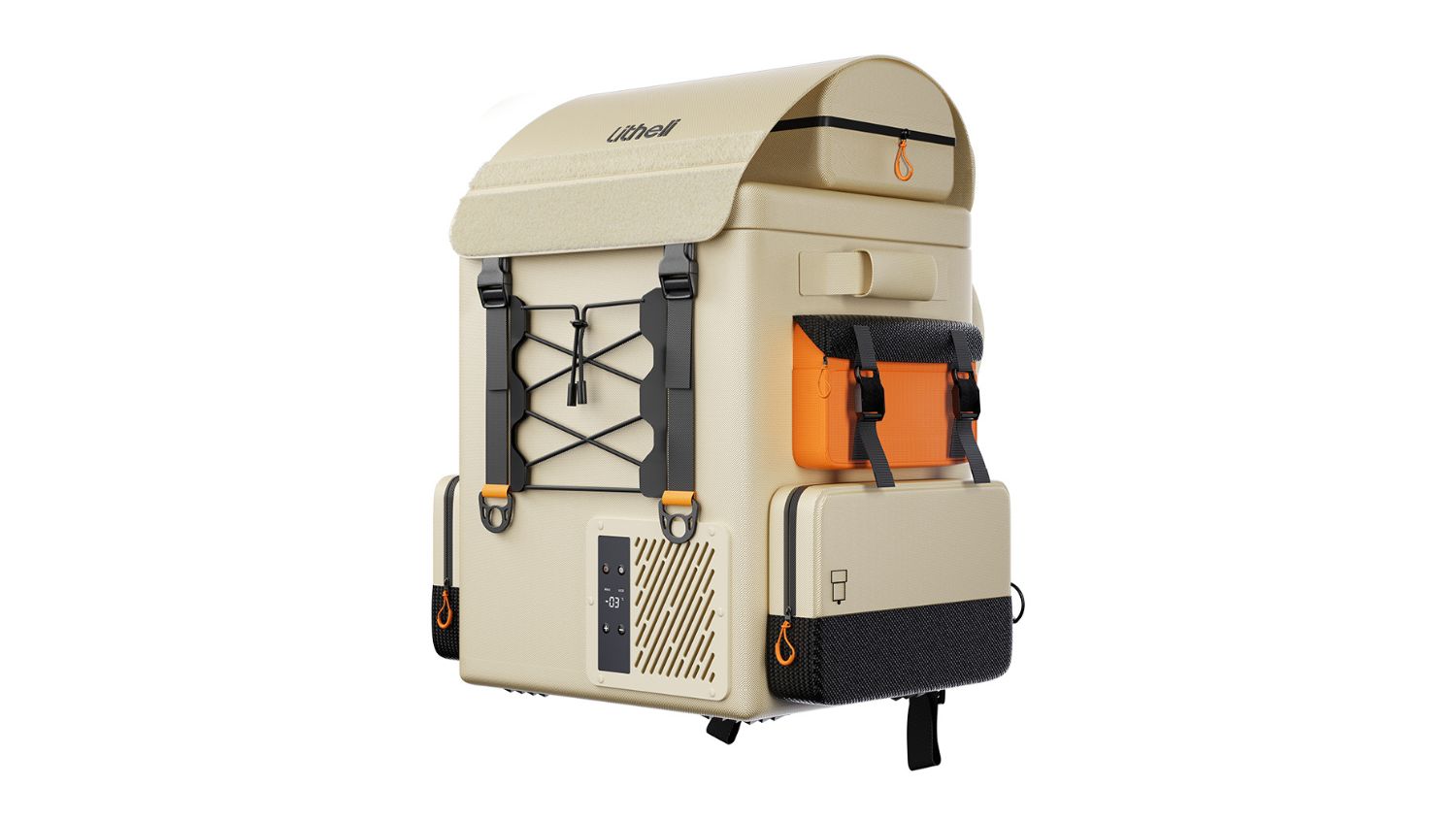 A left-angled view of a portable backpack fridge