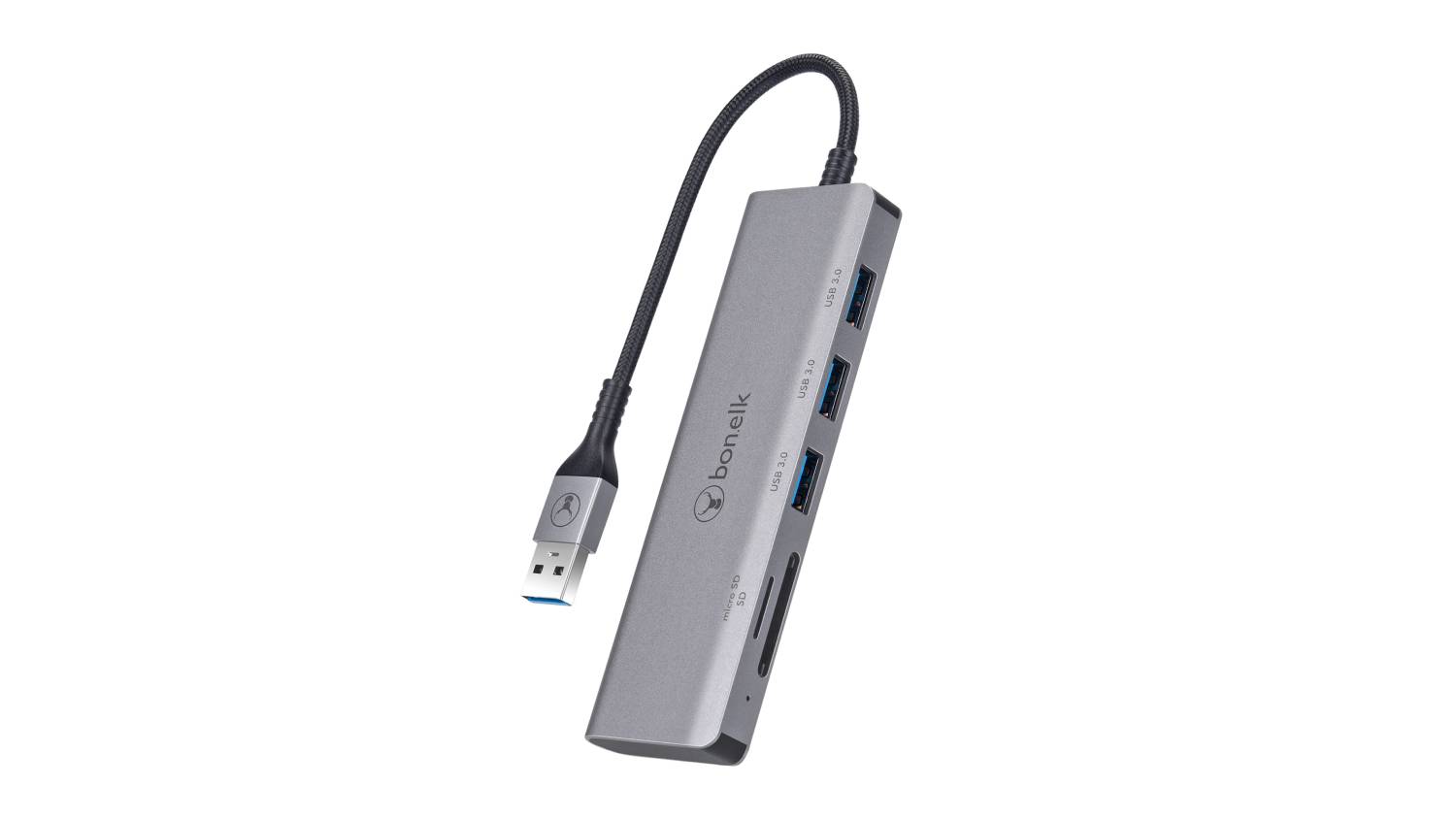 Bon.Elk long-life USB-A to 3-in-1 multiport hub in space grey, featuring USB ports and SD/TF card slots with cable