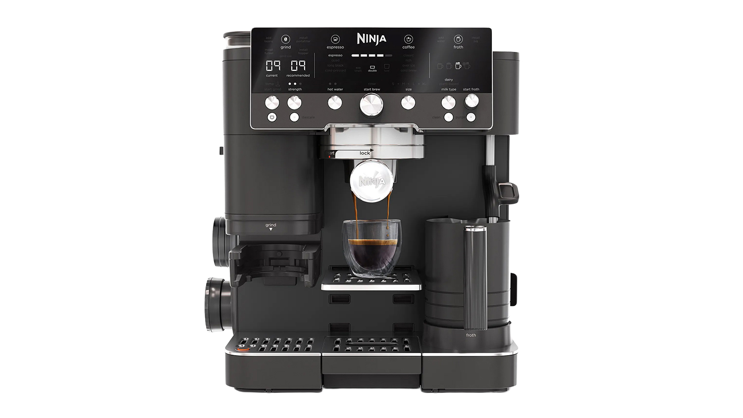 A front view of the ninja luxe cafe premier manual espresso machine