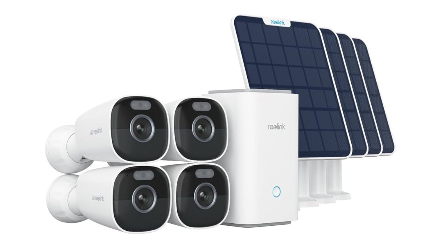 Reolink security system with four cameras, a base station, and four solar panels