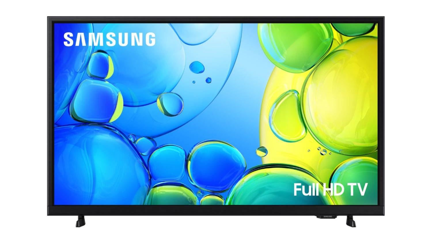 Front view of the Samsung 32-inch F6000 Smart LED TV displaying a colourful screen with blue and green bubbles