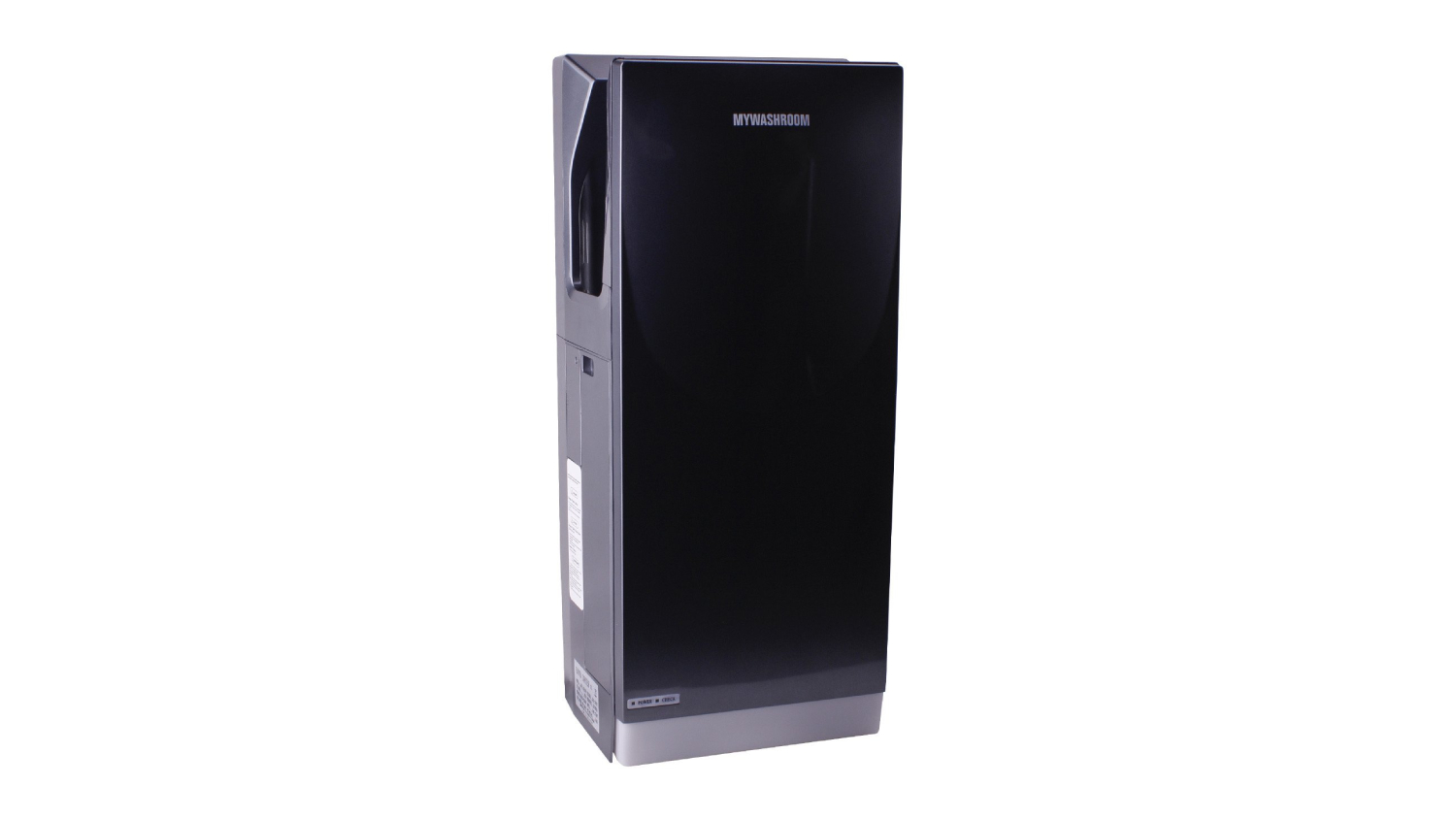 An angled front view of the MyWashroom Vertical Premium Commercial Hand Dryer