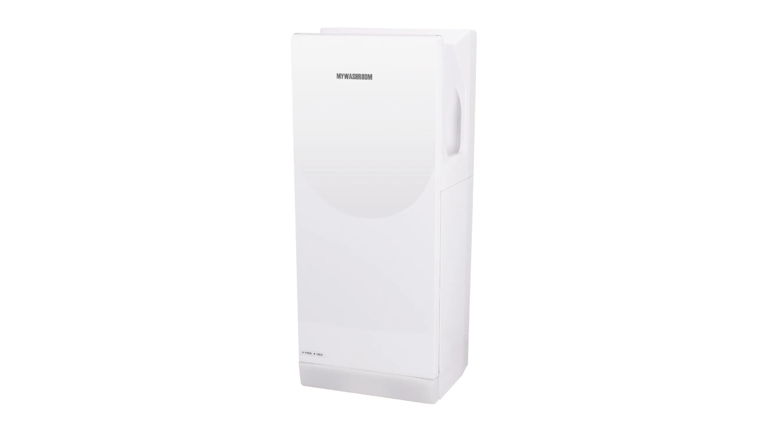 An angled front view of the MyWashroom Vertical Premium Hand Dryer