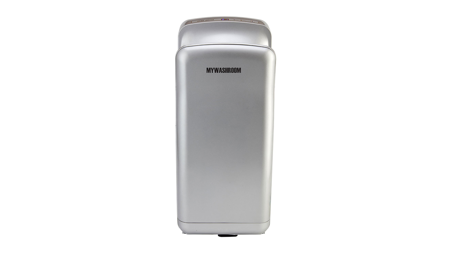 Silver automatic jet hand dryer with "MYWASHROOM" logo