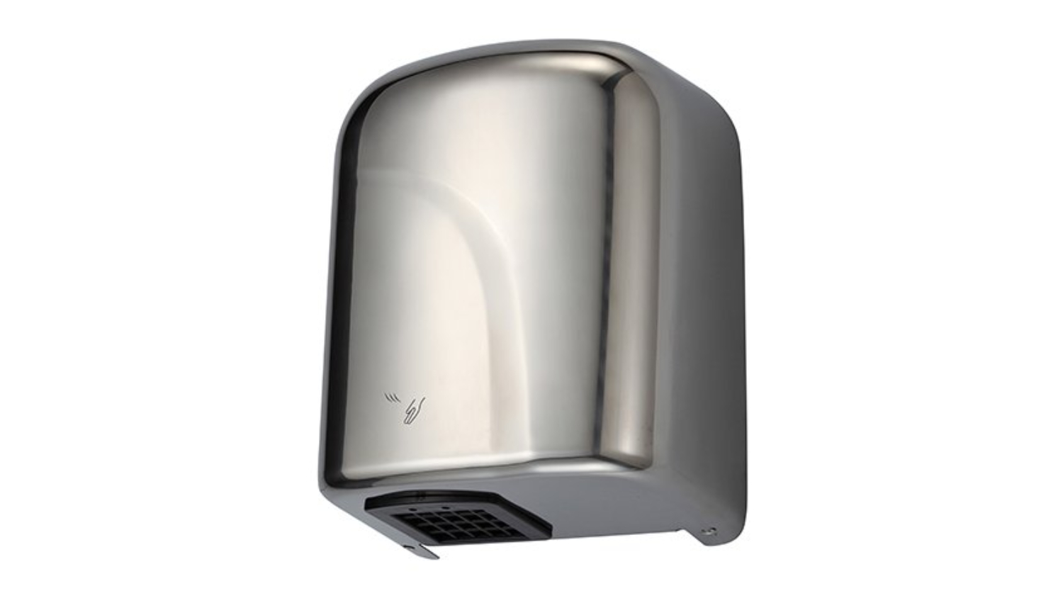An angled left-facing front view of the MyWashroom Automatic Touchless Hand Dryer