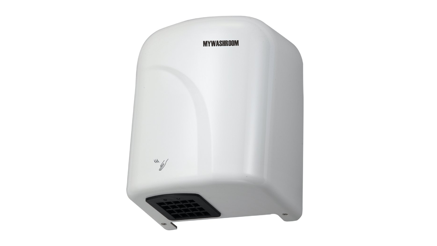 An angled left-facing front view of the MyWashroom Automatic Touchless Hand Dryer