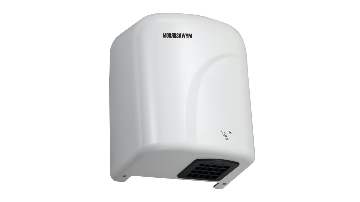 An angled right-facing front view of the MyWashroom Automatic Touchless Hand Dryer