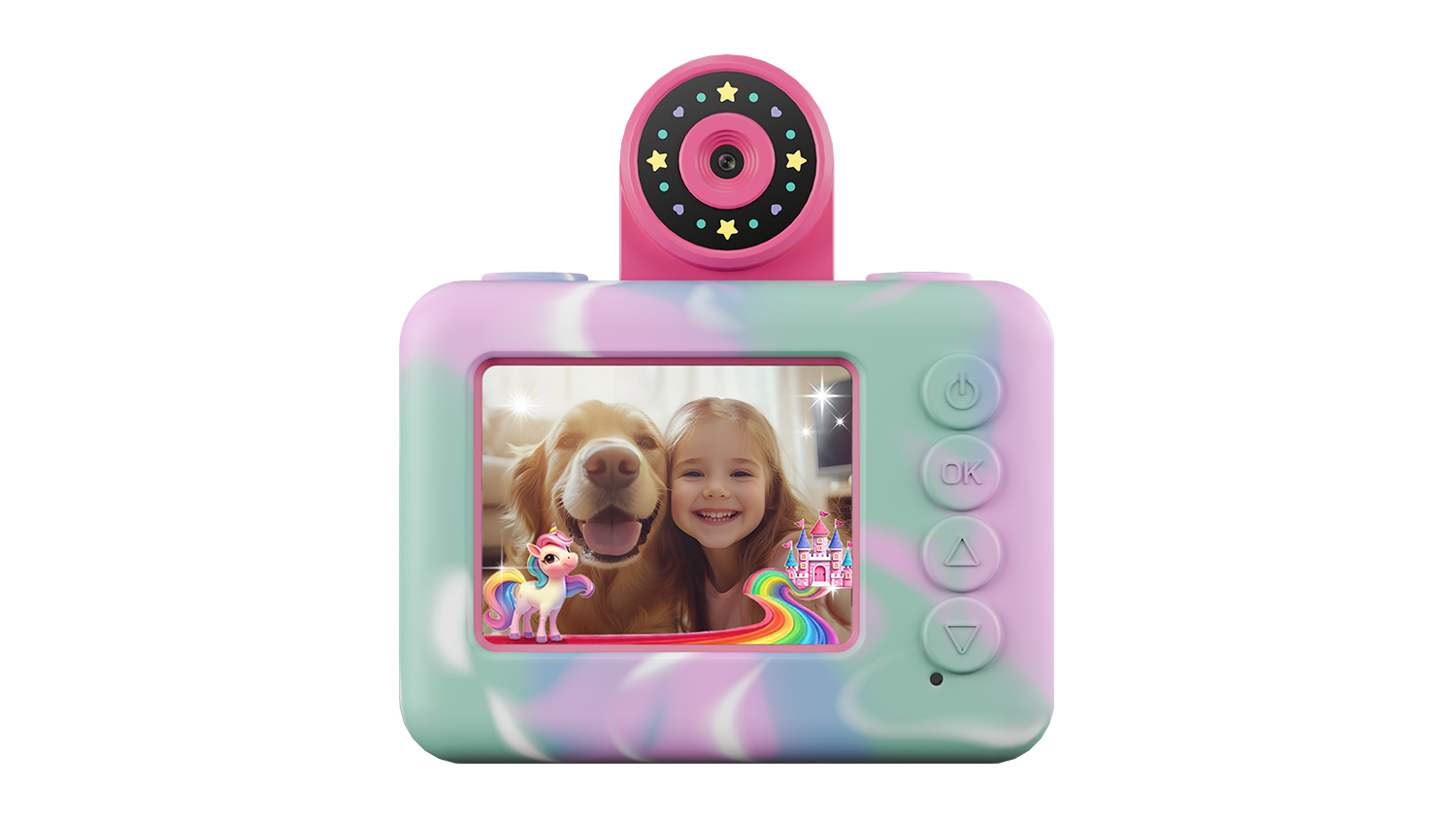Kids’ camera with a pastel body and screen showing unicorn photo edits