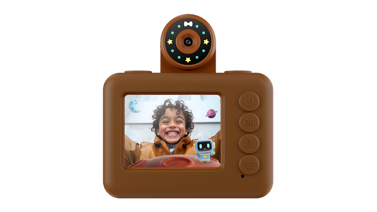 Kids’ camera with a brown body and screen showing unicorn photo edits