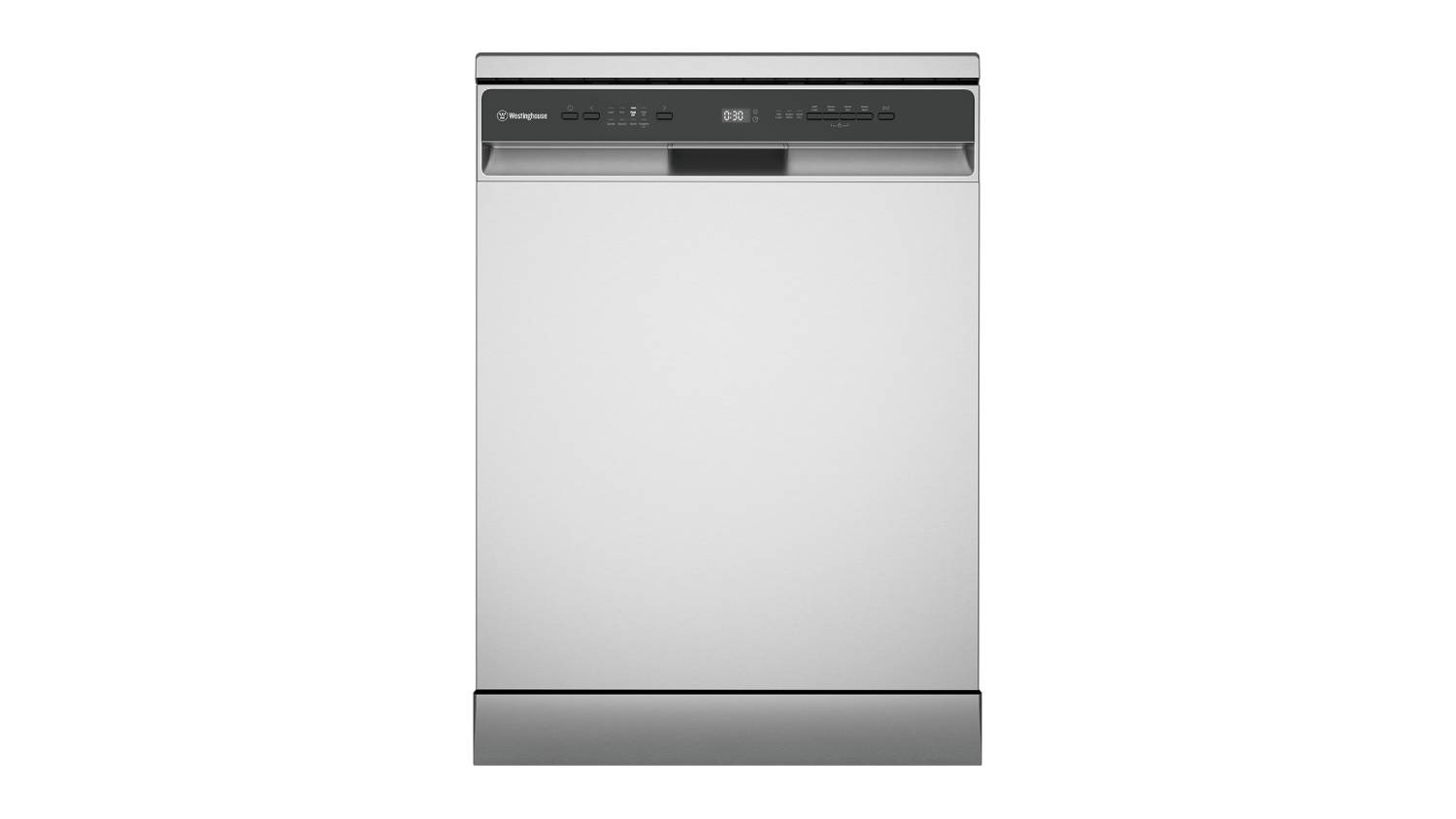 Front view of the Westinghouse 14-place setting freestanding dishwasher in stainless steel with control panel