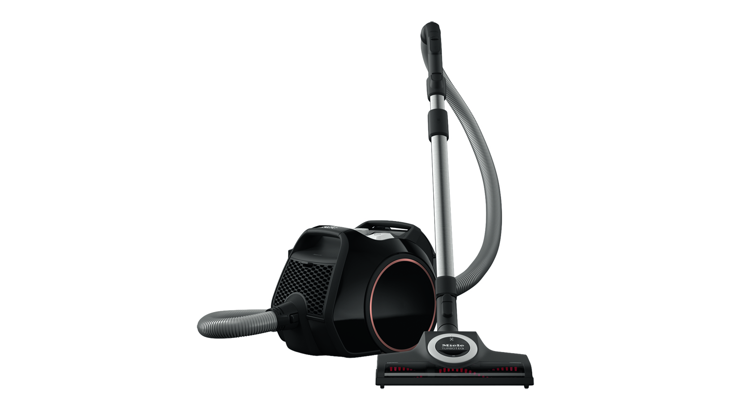 Miele Boost CX1 Cat & Dog PowerLine vacuum in obsidian black with hose, wand, and floorhead attached