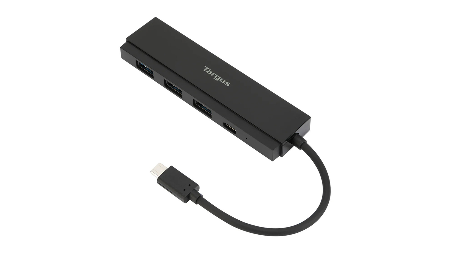 Angled view of the compact black Targus USB-C hub with a short, curved cable