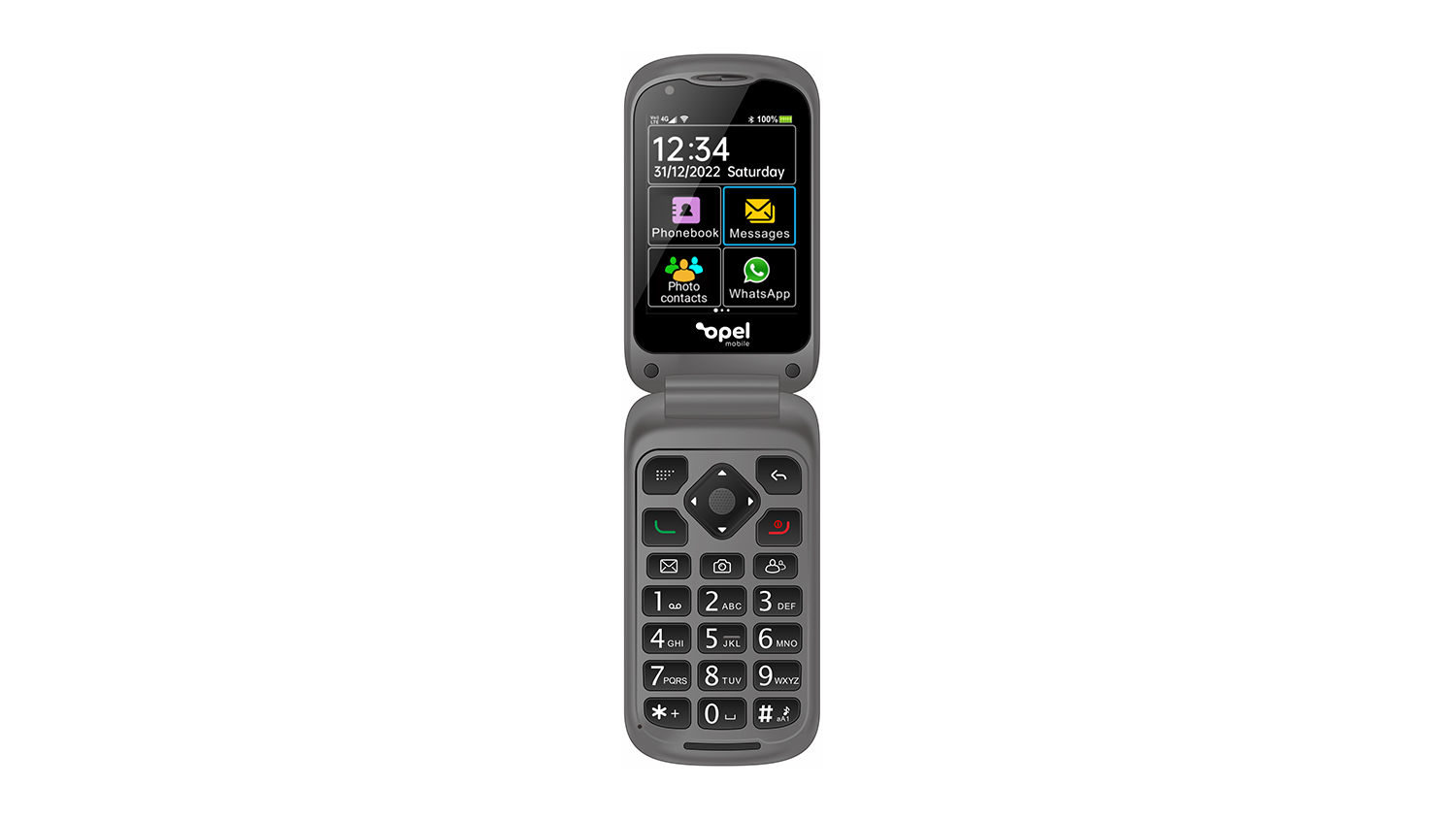 Opel Mobile TouchFlip 4G flip phone open, showing large keypad with physical buttons and a colour screen