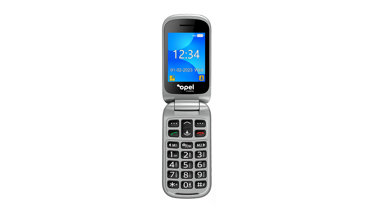 Open silver Opel FlipPhone 6 showing the large screen and keypad
