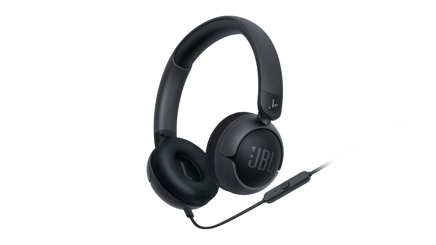 Front view of the JBL Junior 320 headphones in black, with padded ear cups, foldable design, and controls on the cable