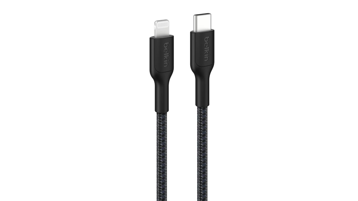 Close-up of Belkin BoostCharge Pro braided cable showing USB-C and Lightning connectors in black