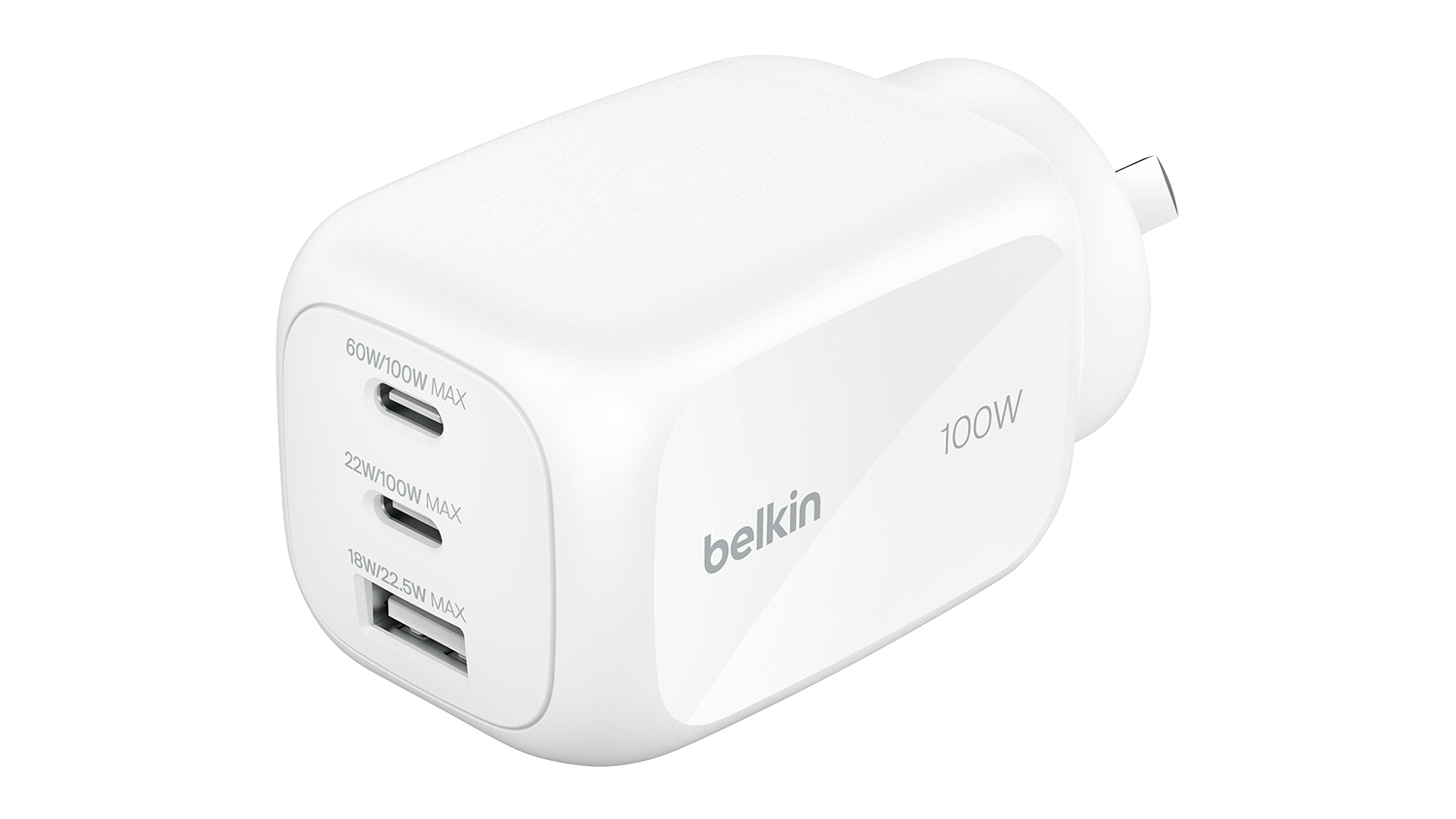 Belkin BoostCharge Pro 100W 3-Port GaN Wall Charger in a sleek white colour