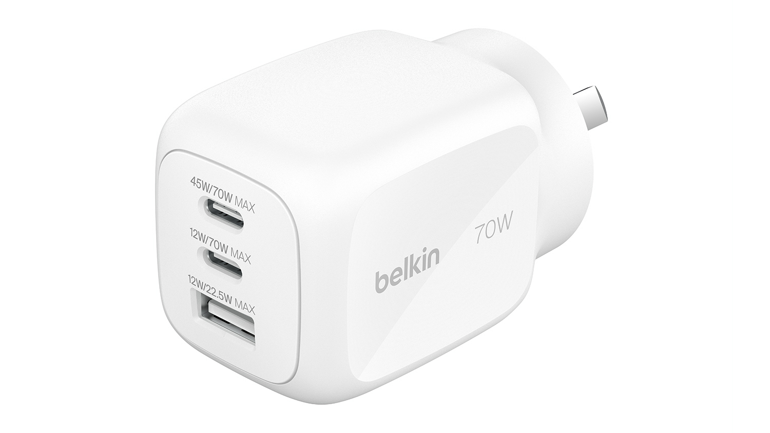Belkin BoostCharge Pro 70W 3-Port GaN Wall Charger in a sleek white colour