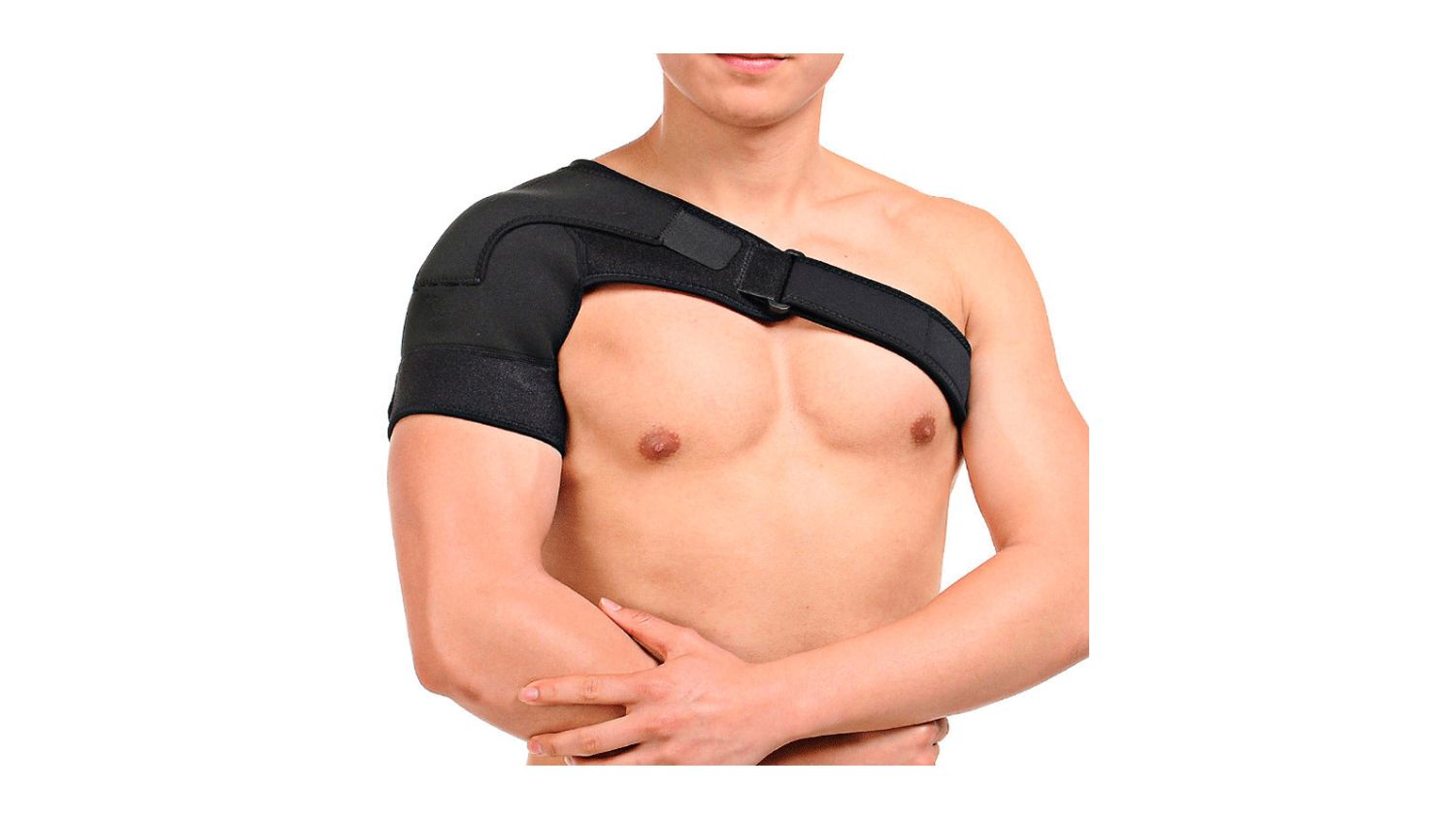 Person wearing a black adjustable shoulder support brace on the upper arm and shoulder