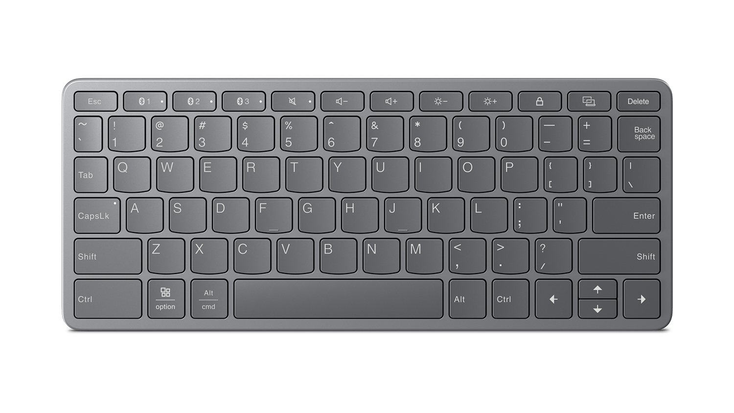 Top-down view of the compact QWERTY keyboard with media keys and function row