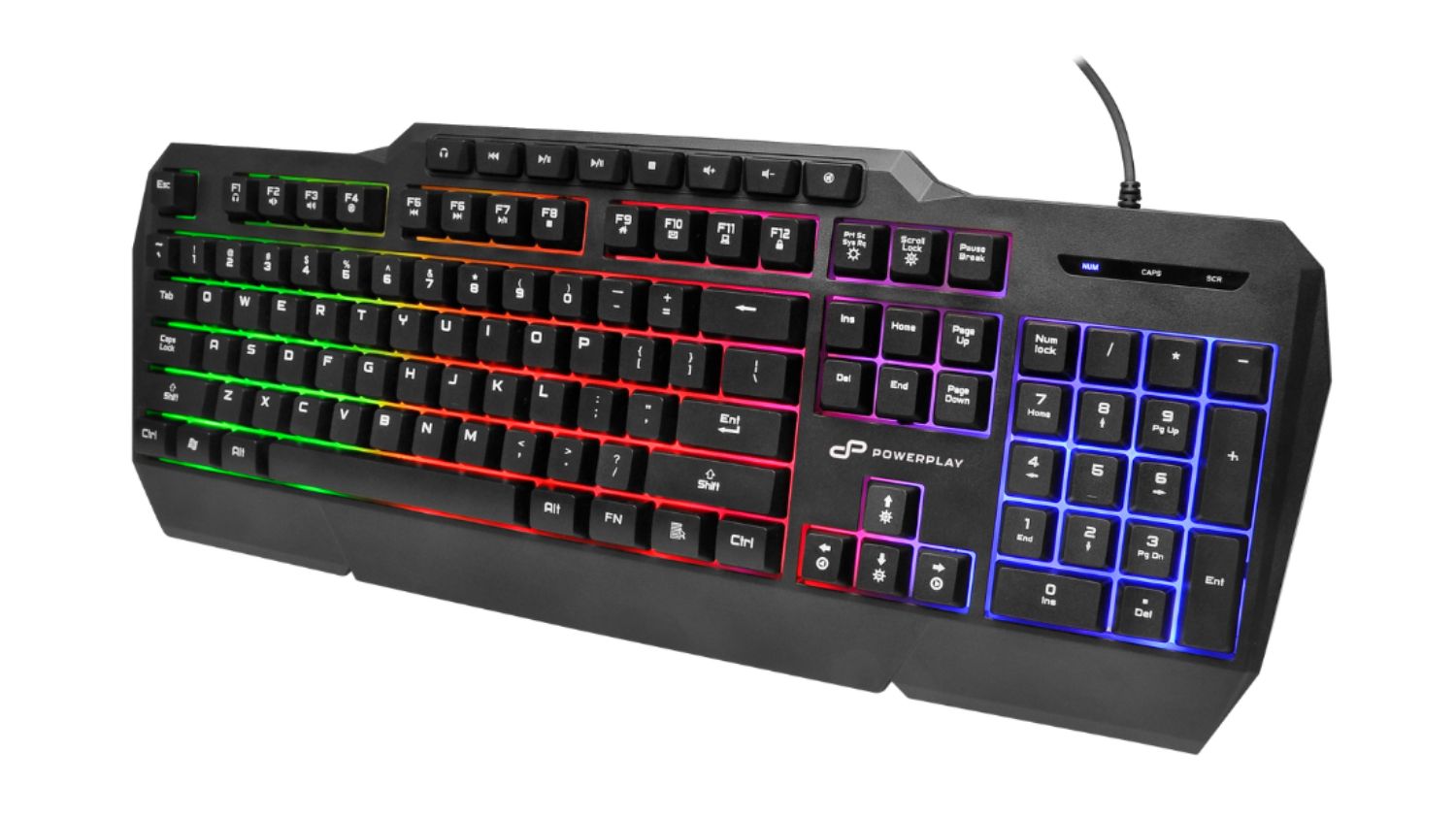 Black gaming keyboard with multicolour LED backlight and numeric keypad, connected via USB cable