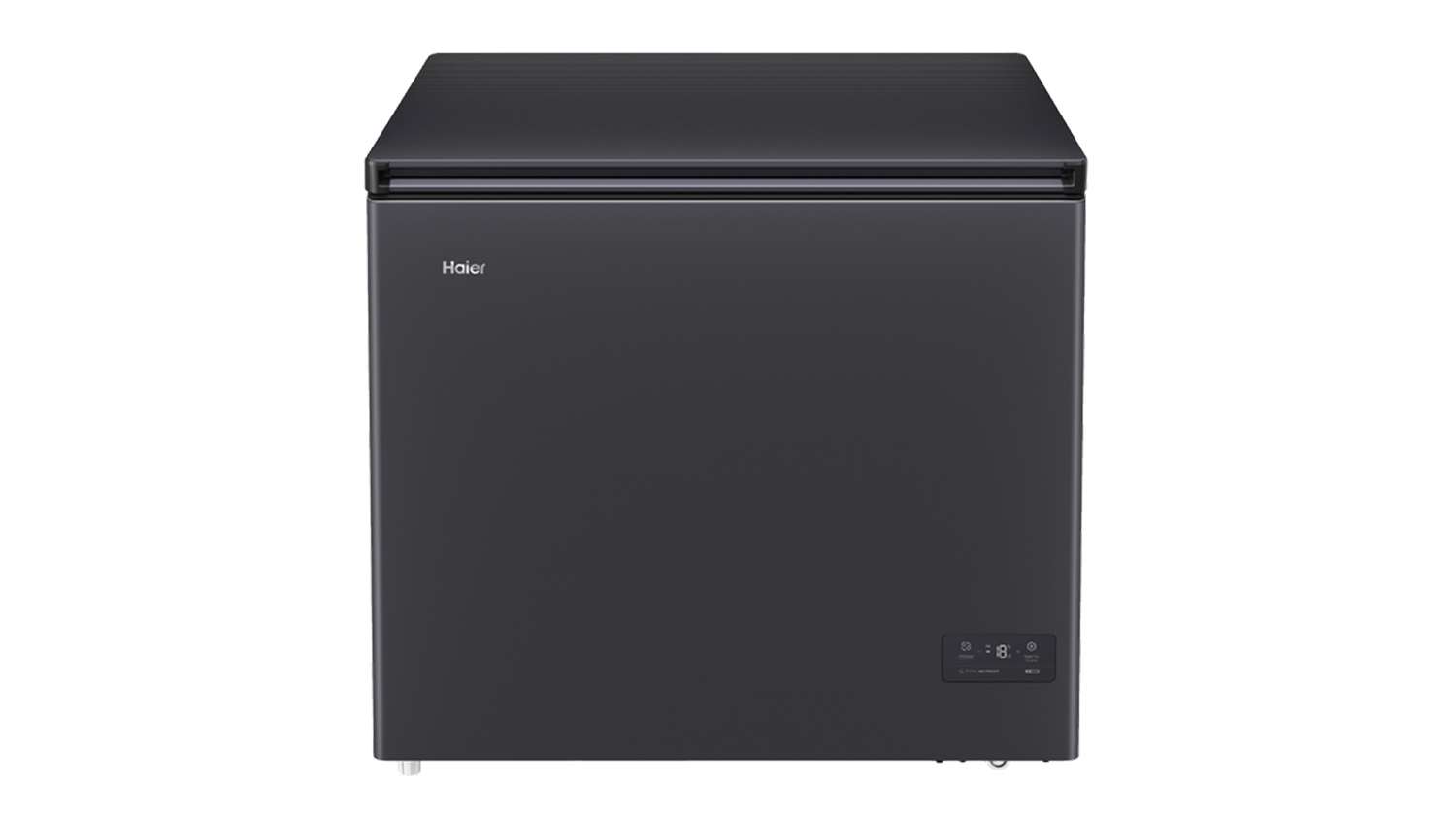 Front view of a closed Haier 500 Series 195L Hybrid Chest Freezer in a sleek dark grey finish