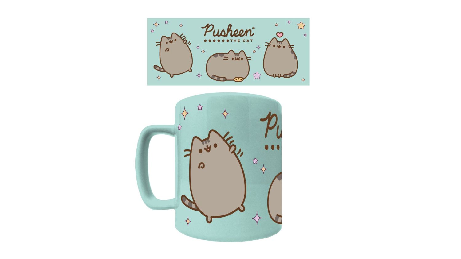 Mint green mug with cute Pusheen cat illustrations and pastel stars