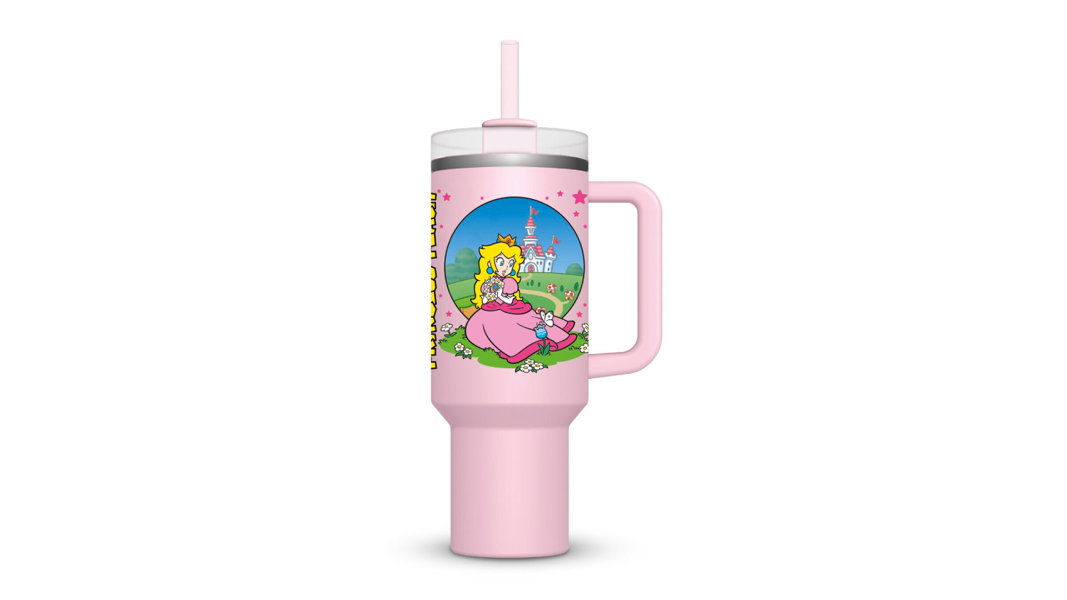 A front view of Princess Peach travel cup
