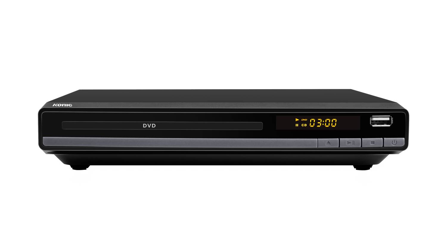 Front view of the CD and DVD player in black, showing disc slot, control buttons, USB port, and digital display