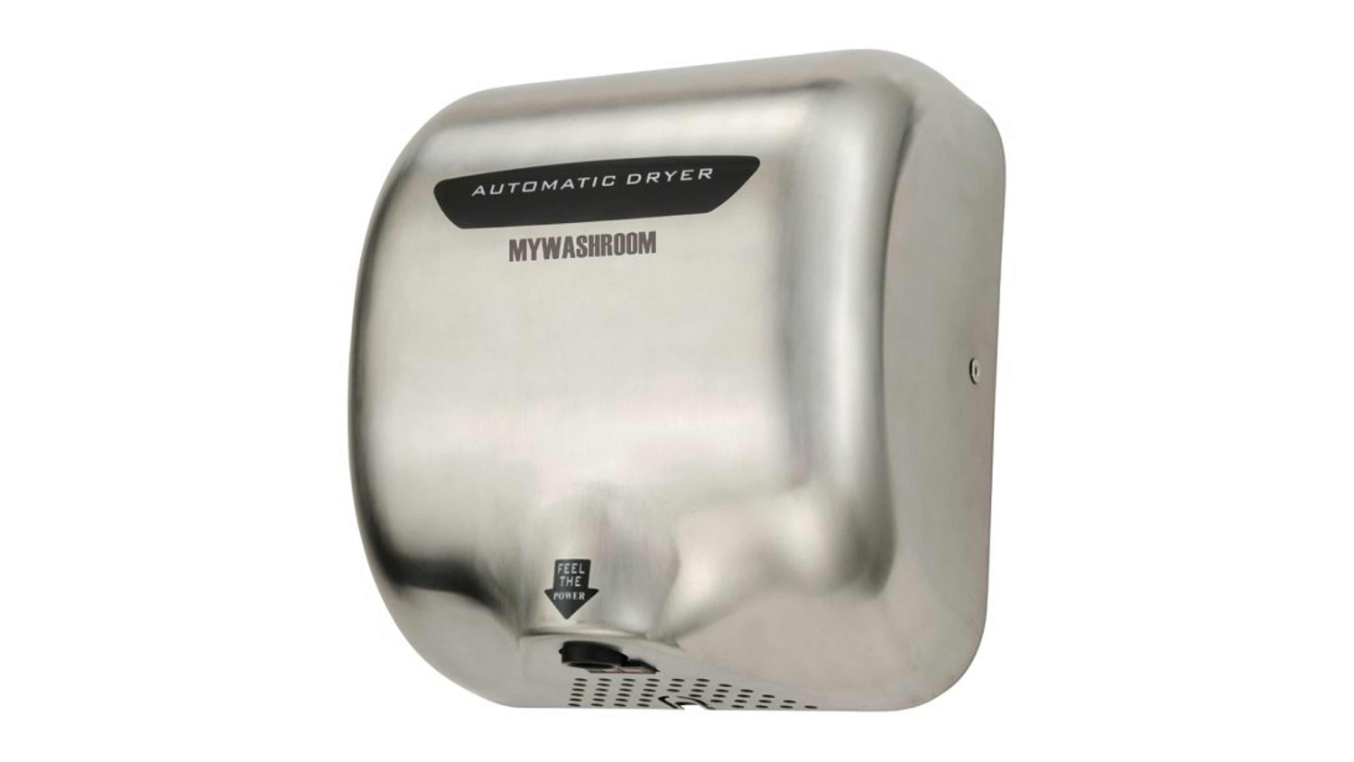 An angled left-facing front view of the MyWashroom High Speed Quick Drying Commercial Hand Dryer
