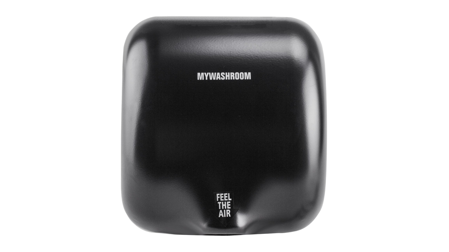 A front view of the MyWashroom High Speed Quick Drying Commercial Hand Dryer - Brushed Chrome Black