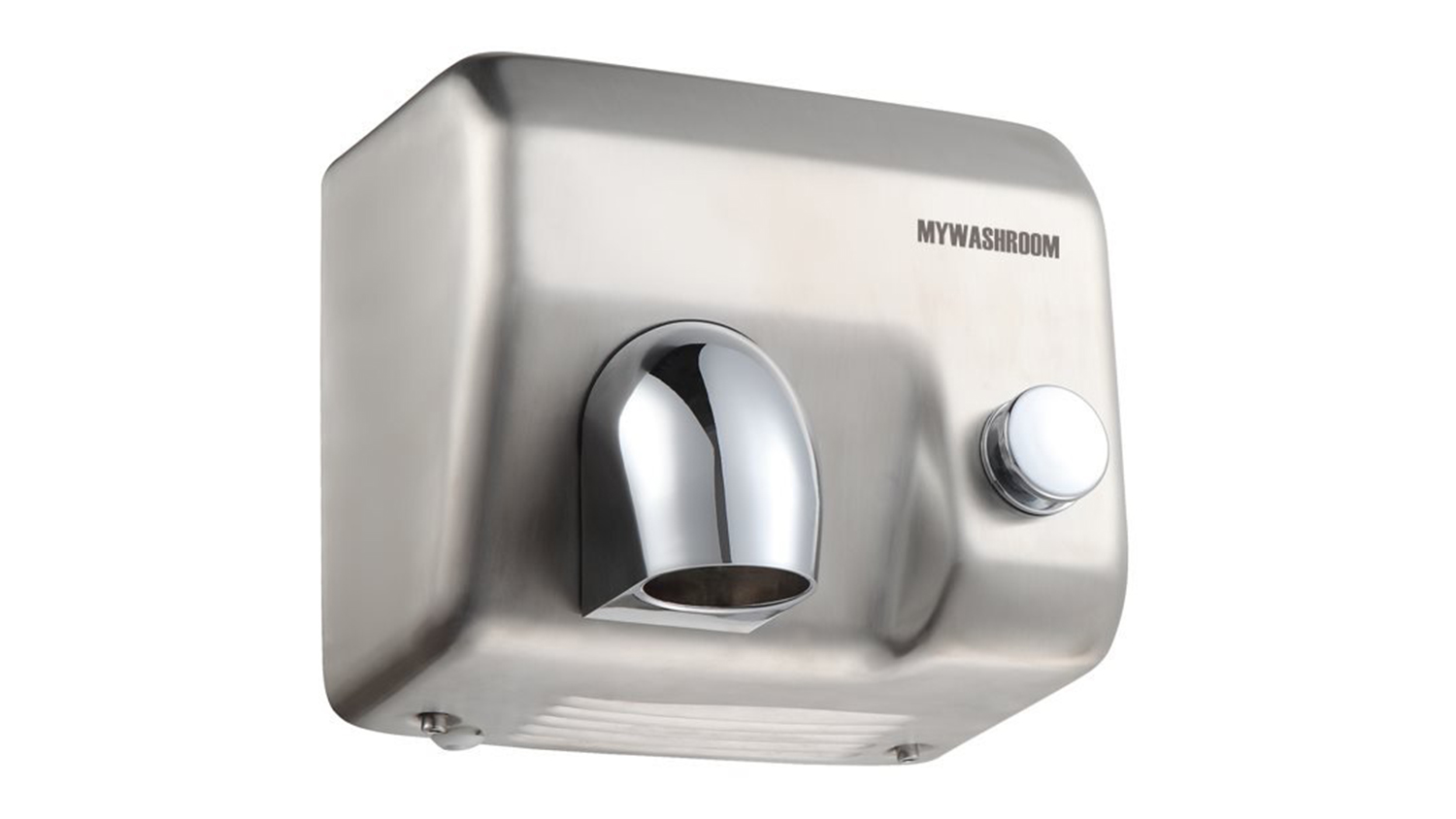 Brushed stainless steel hand dryer with a chrome nozzle and a round push-start button, mounted on a wall