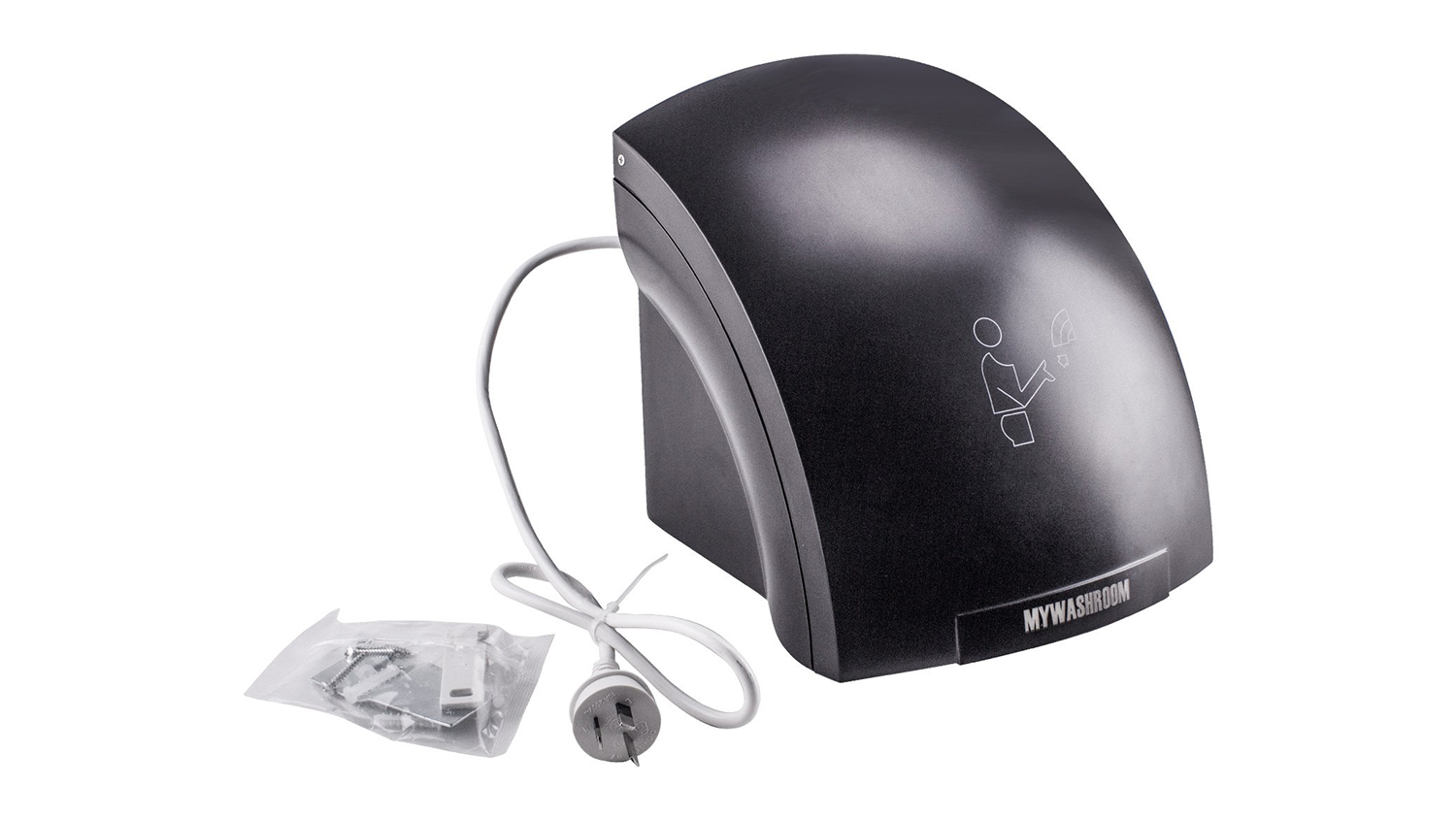 Black, hooded commercial hand dryer with power cord, plug, and mounting hardware kit