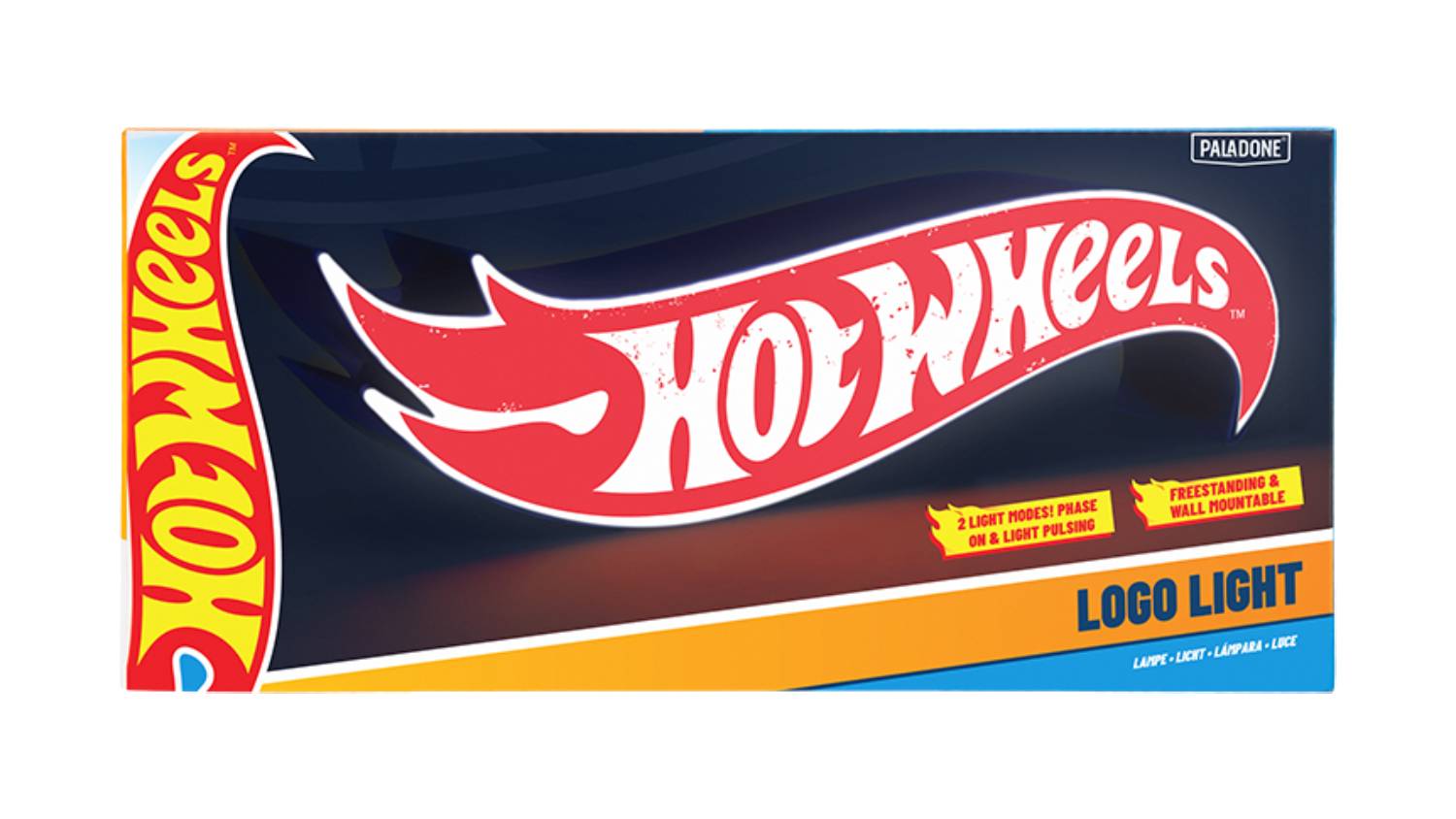 Front view of the Paladone Hot Wheels Logo Light packaging, showing the red flame-shaped Hot Wheels logo