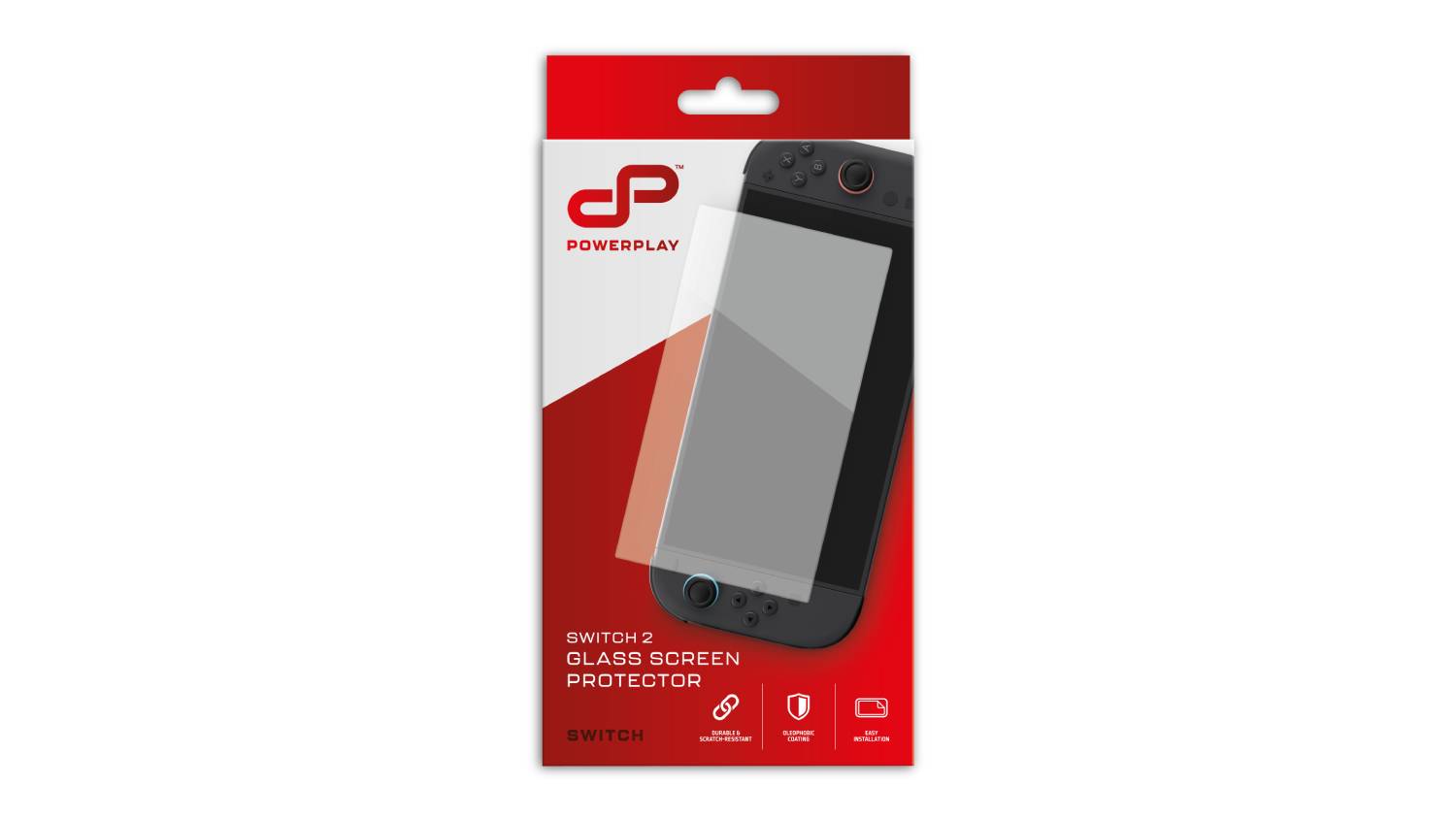 Front view of Powerplay Glass Screen Protector packaging for Switch 2
