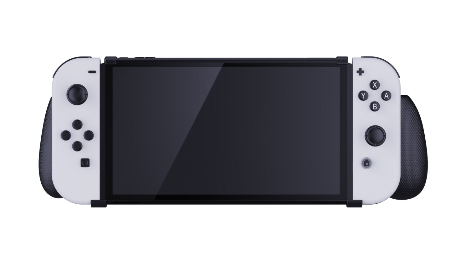 Nintendo Switch console with white Joy-Con controllers and black textured comfort grip handles attached