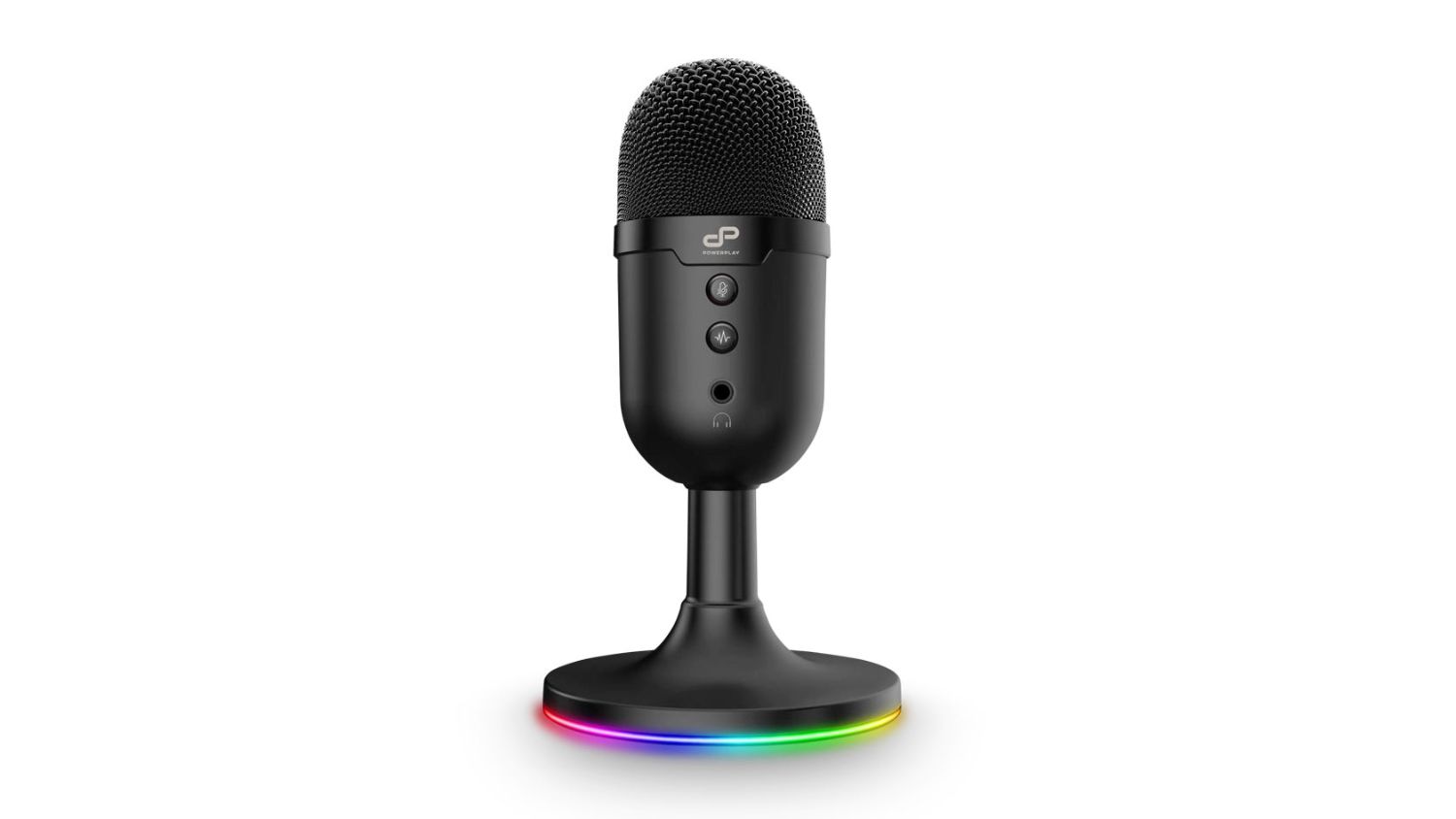 Black RGB gaming condenser microphone with control buttons and a round base glowing in rainbow colours