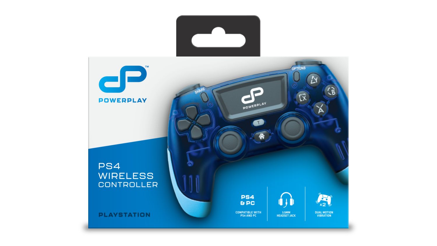 Packaging of the Powerplay wireless controller for PS4 with logo and features