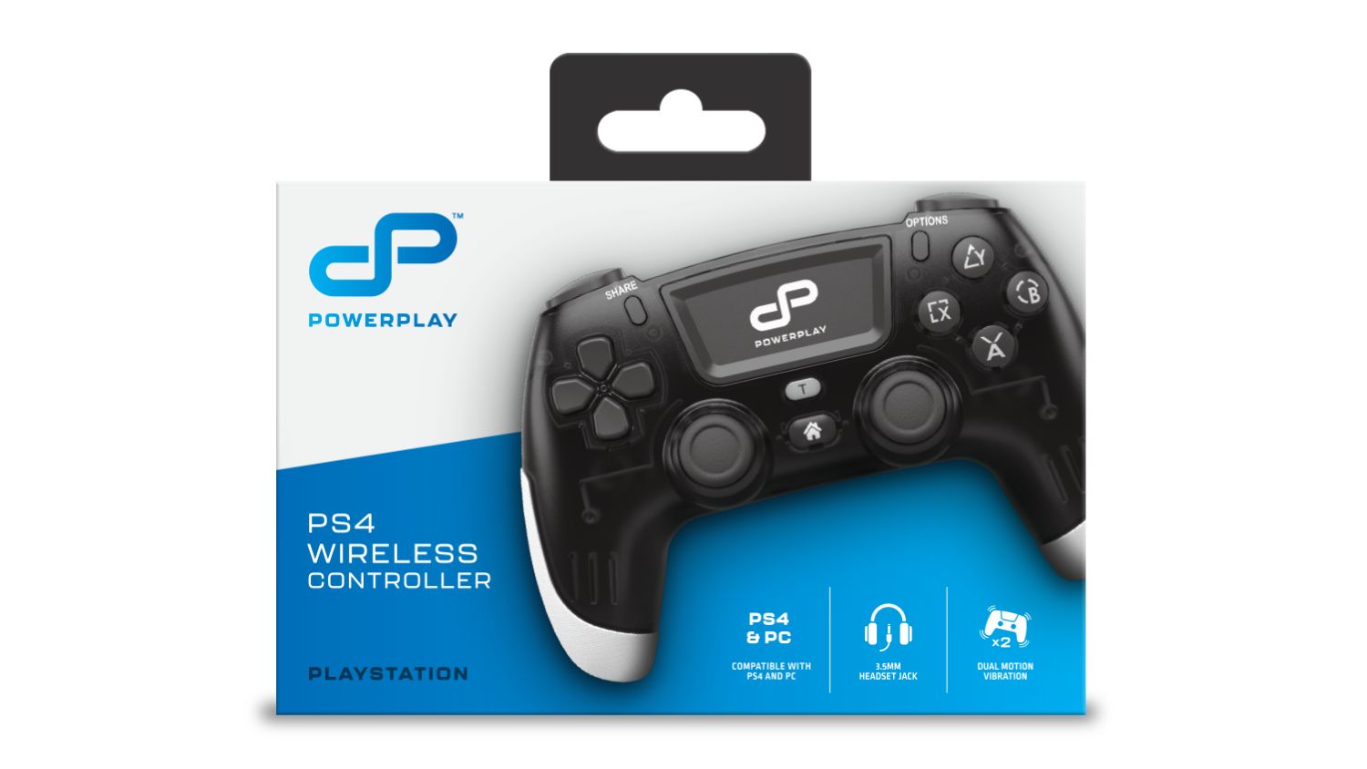 Packaging of the Powerplay wireless controller for PS4 with logo and features