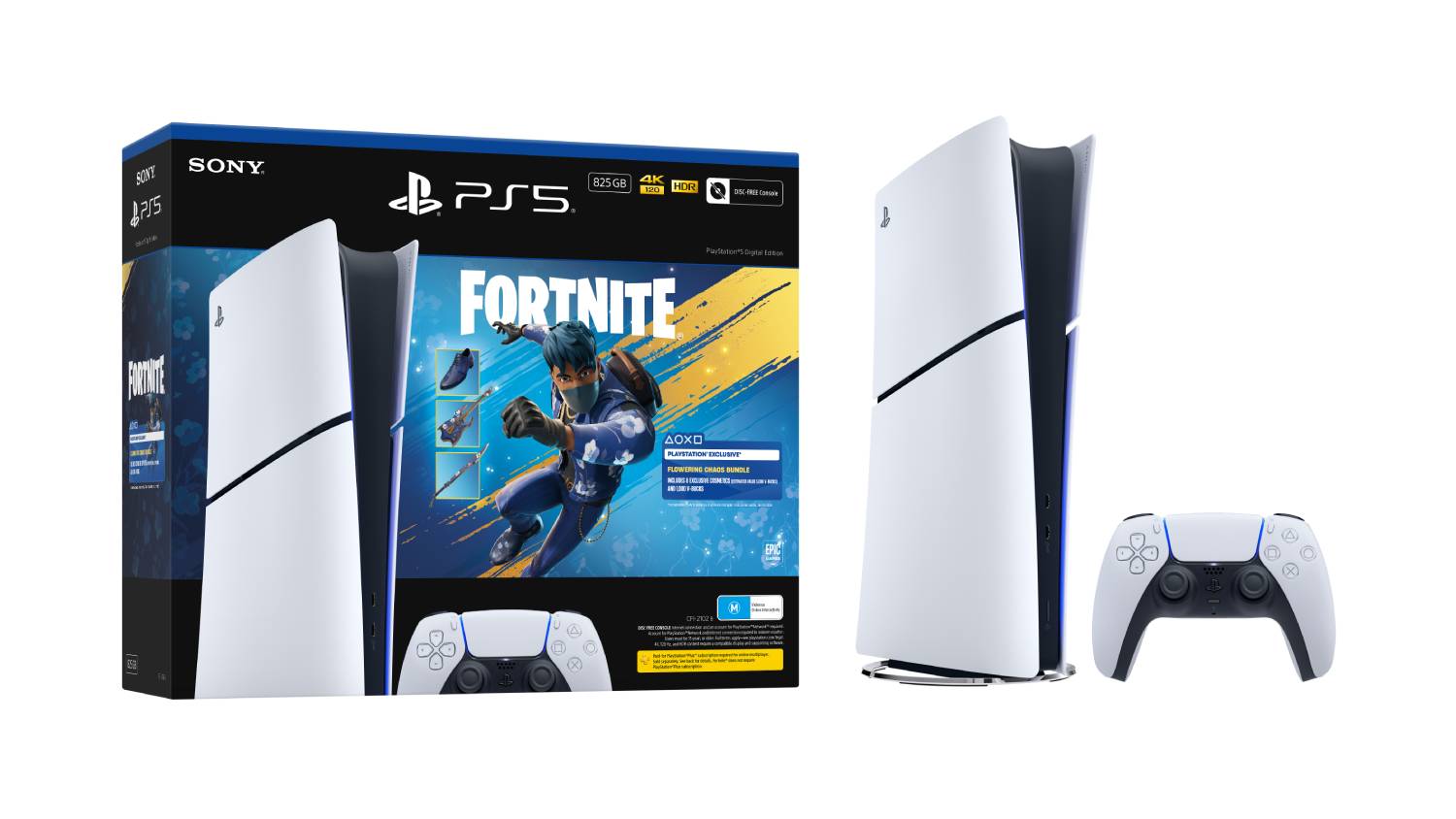 PlayStation 5 Slim Digital Edition console with Fortnite Flowering Chaos bundle box and DualSense controller