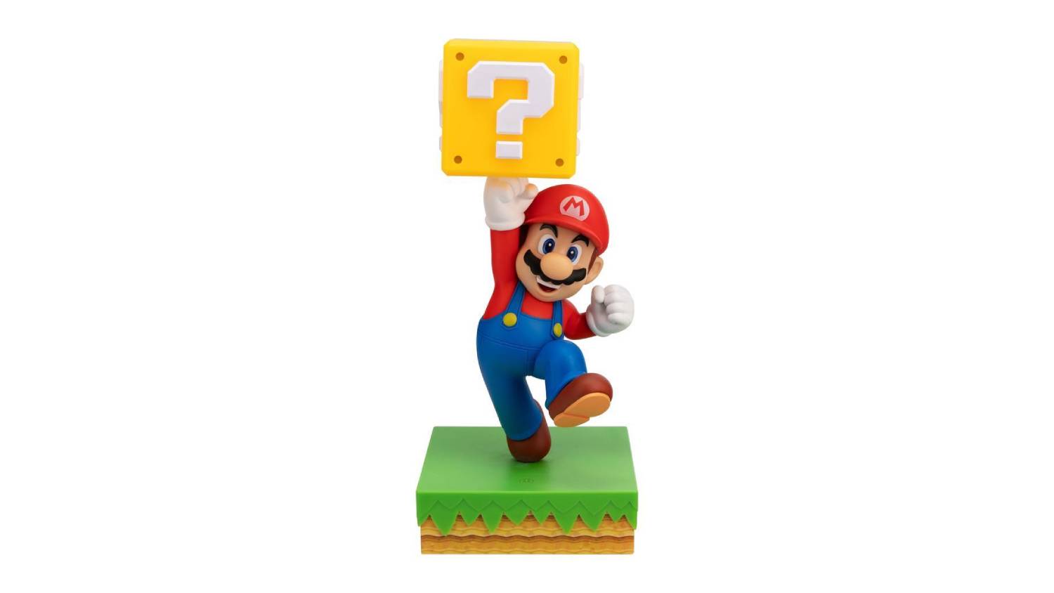 Paladone Super Mario Light featuring Mario, jumping with one arm raised to hold a yellow Question Block