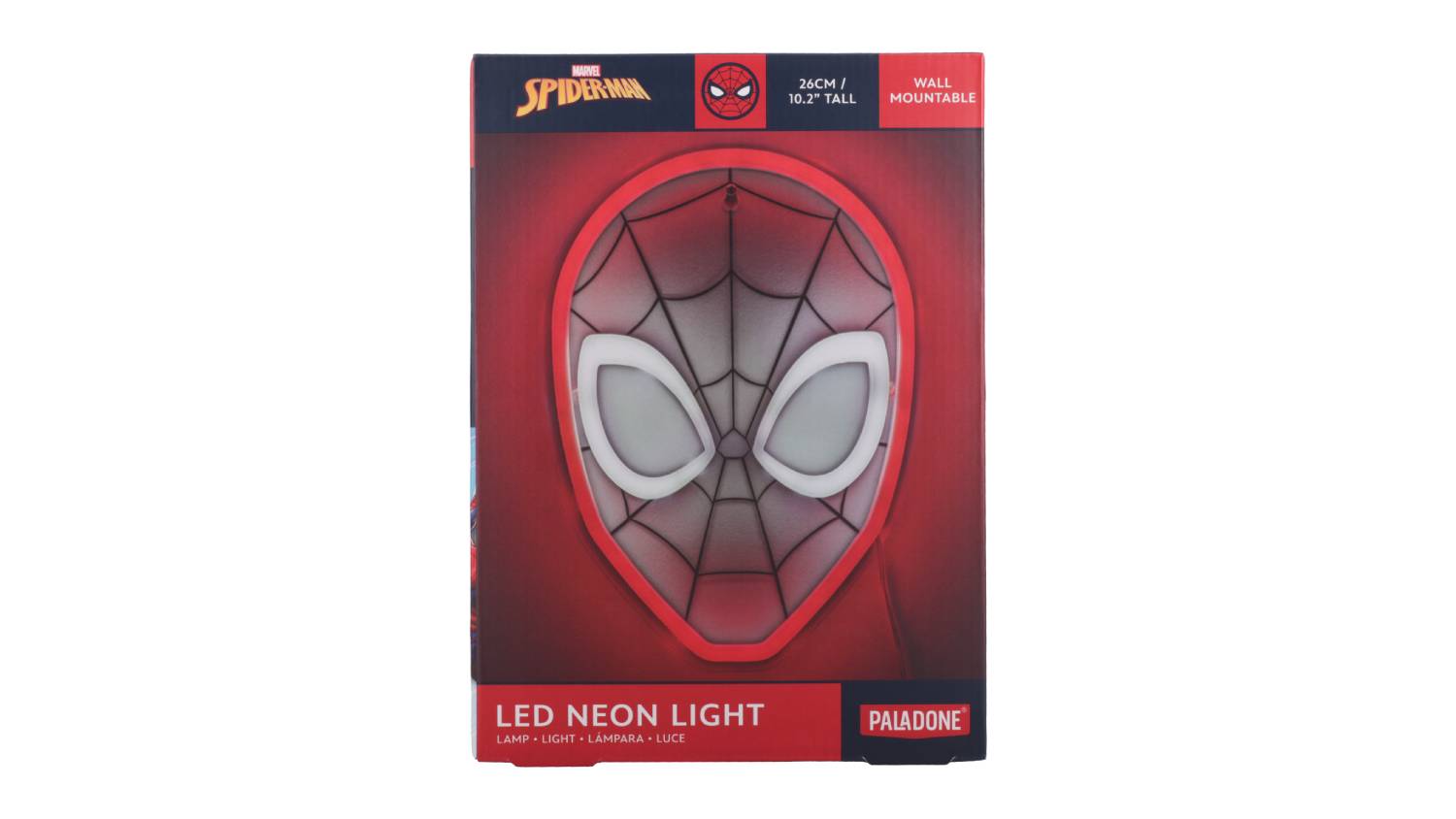 Front view of the Paladone Spider-Man LED Neon Light packaging, showing the mask-shaped light with product details