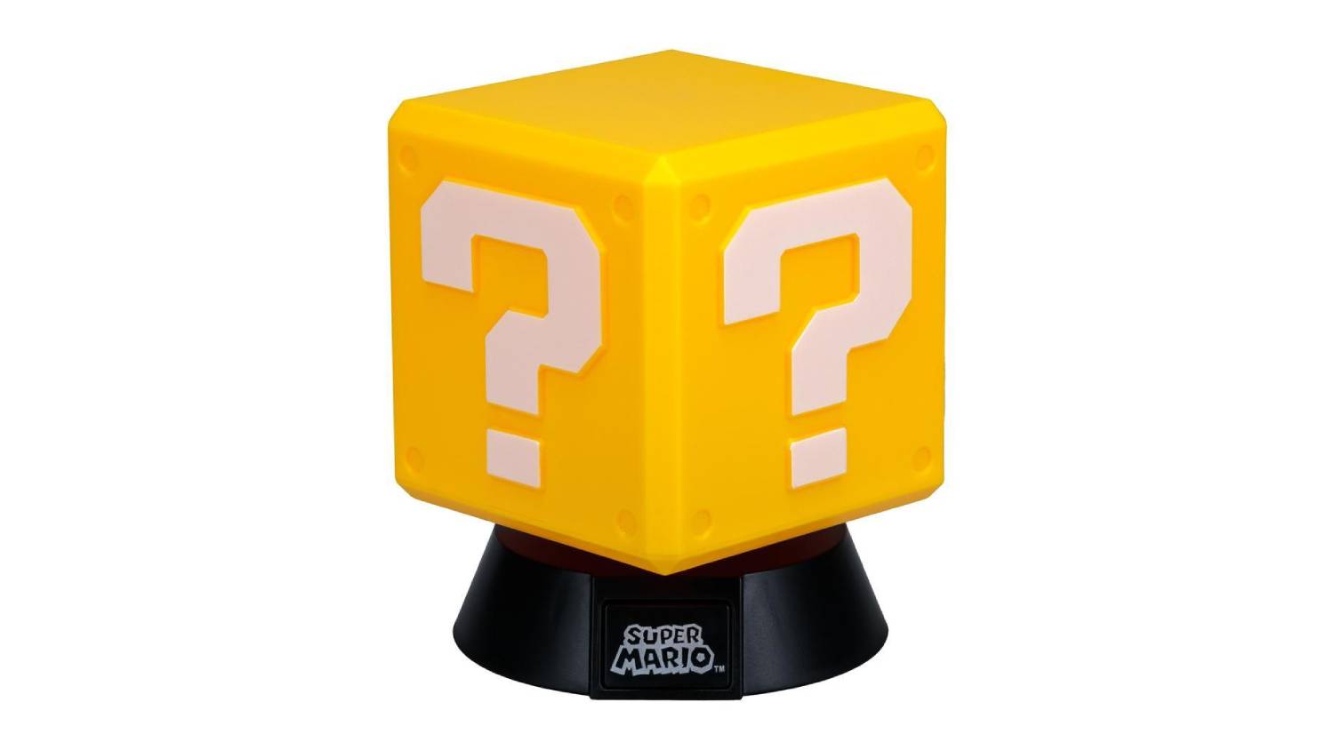 Question Block desk light shaped like a yellow cube with white question marks on each side