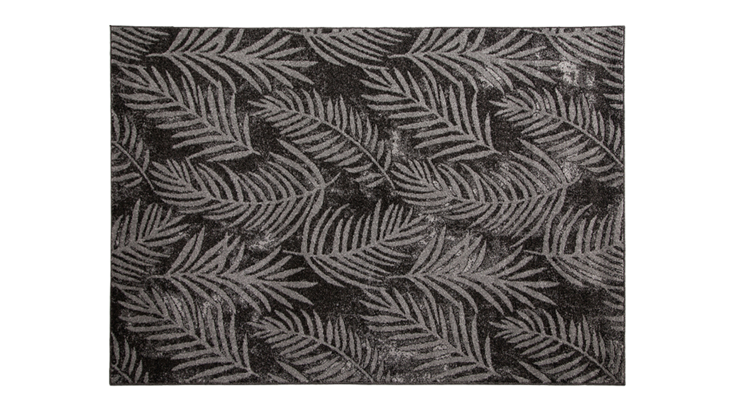 Asana Botanica Rug with repeating black and grey tropical fern leaf pattern