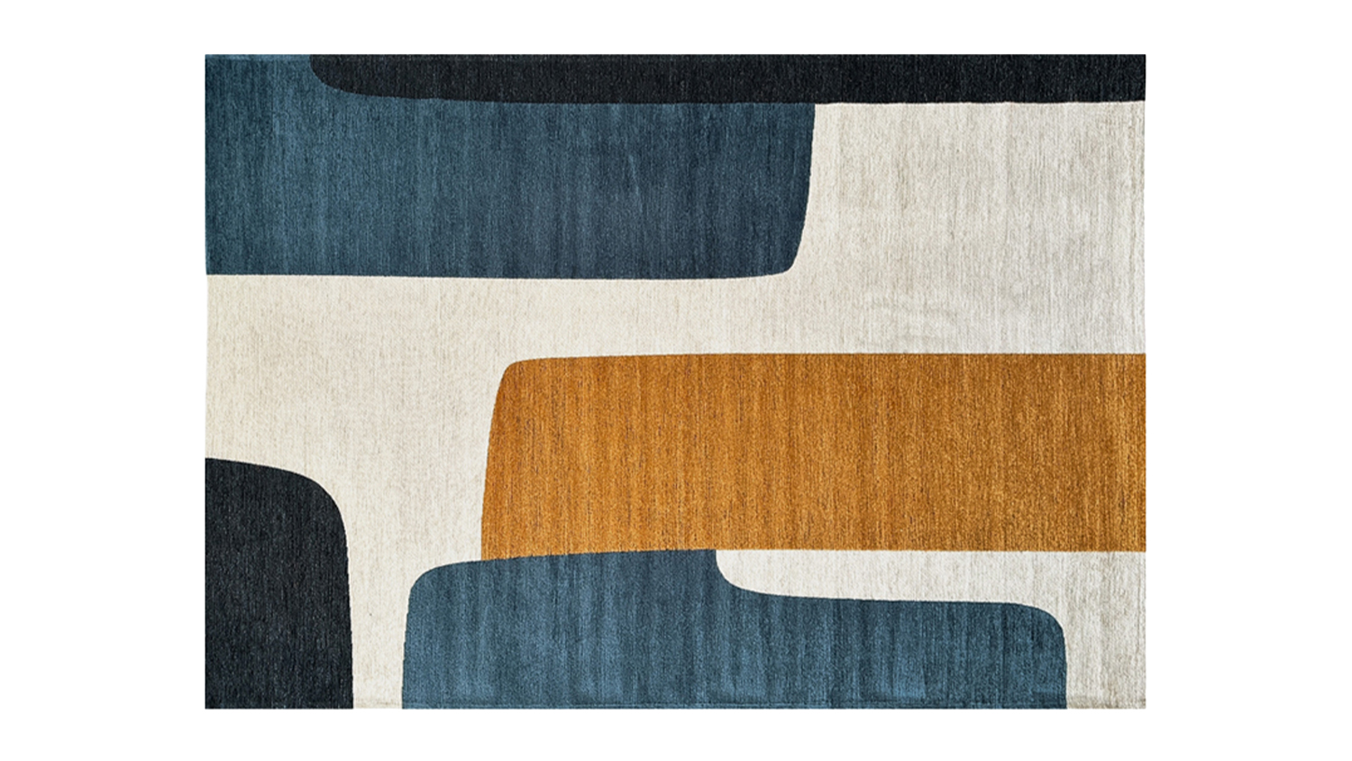 Rectangular rug with abstract geometric design in blue, mustard, and cream tones