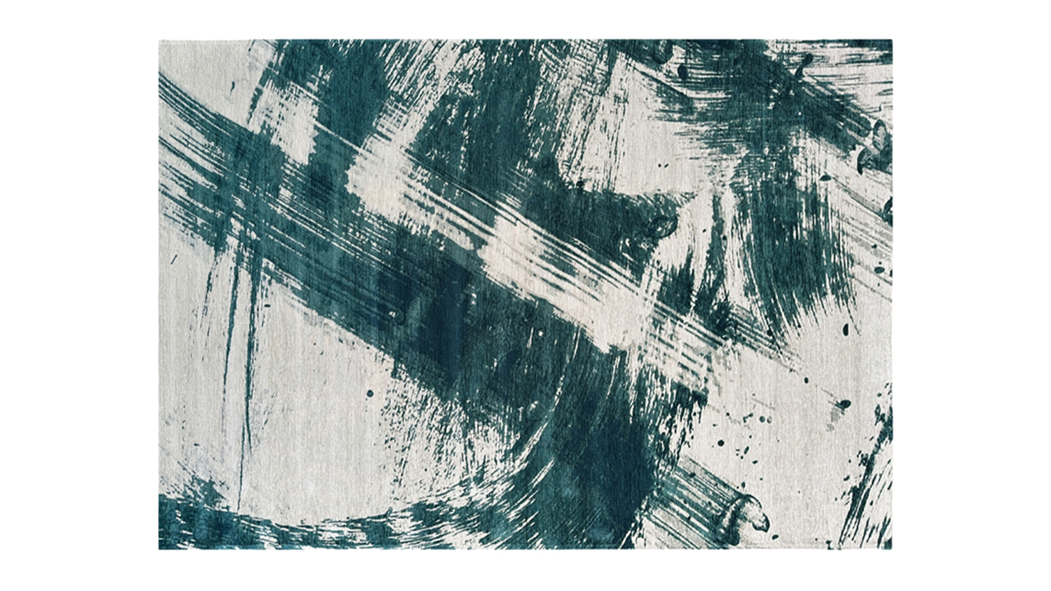 Rectangular rug with an abstract brushstroke design in deep teal on a beige background