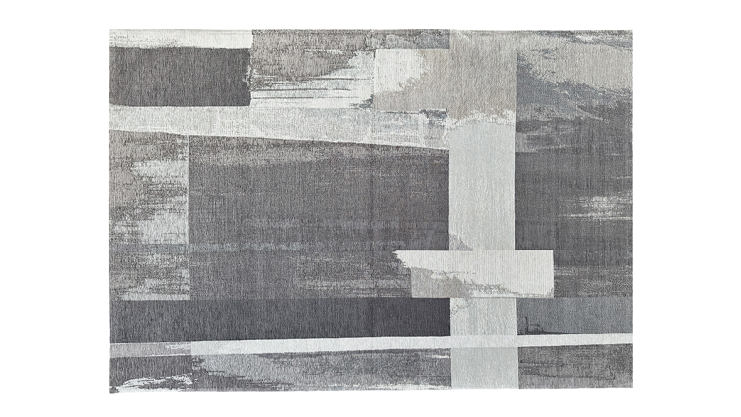 Rectangular rug with a modern geometric design in layered grey and taupe blocks, creating a sleek look